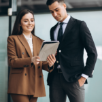 male female business people working tablet office 1